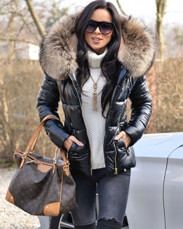 Shiny black puffer coat with fur hood hot sale