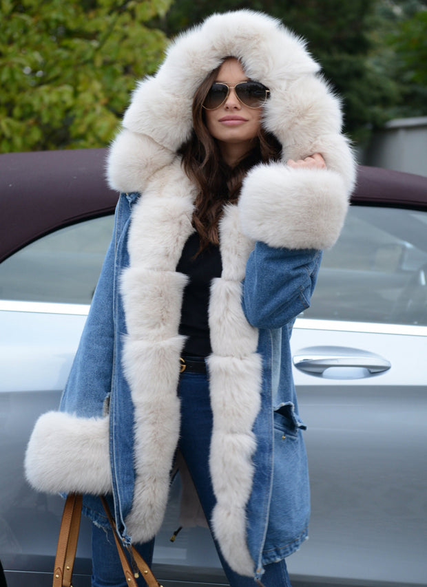 Aofur Women Lady Girl Fleece Lining Jean Jacket Hooded Parka Denim Winter Coat Outwear SIZE S-XXXL